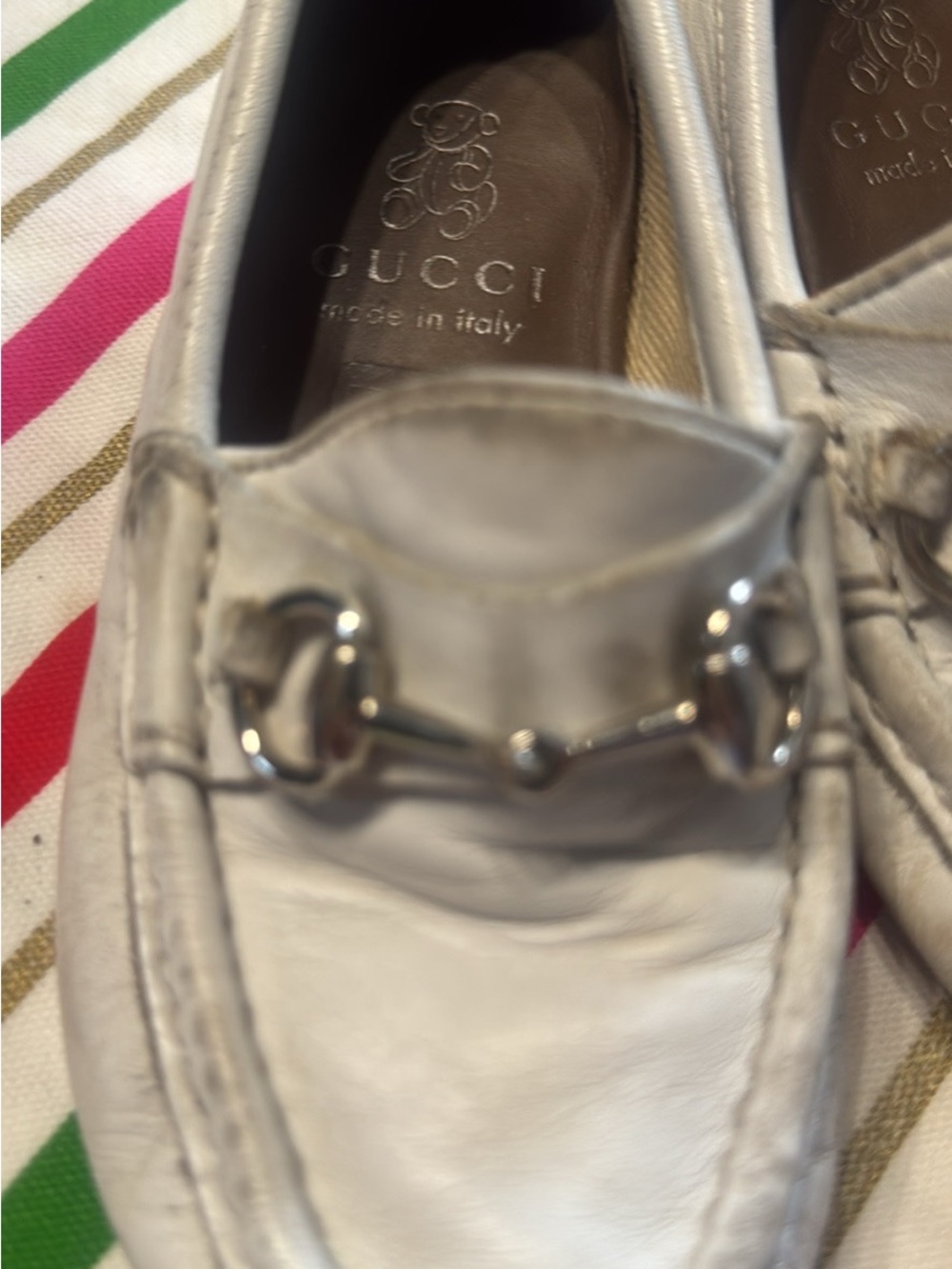 Gucci Kids white leather/ Silver-Tone Horsebit